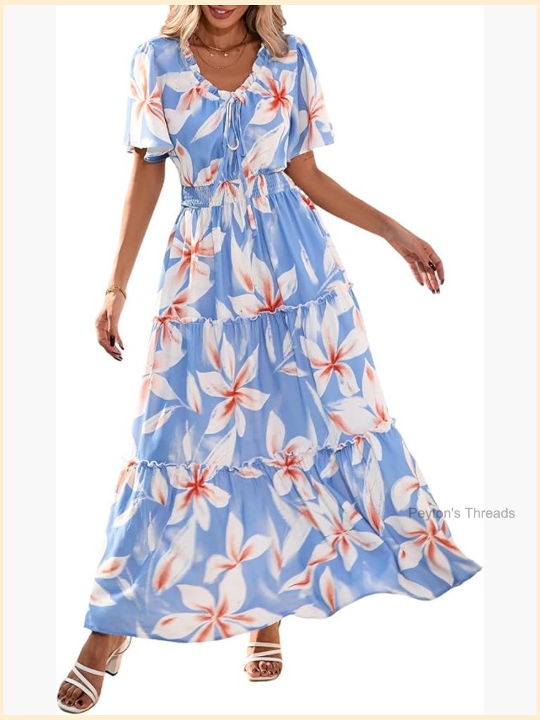 Boho Floral Short Sleeve V-Neck Ruffle Tiered Flowy Maxi Dress